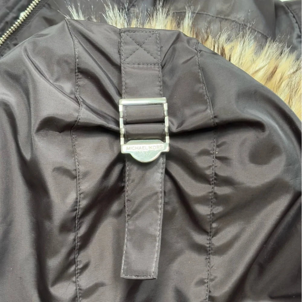 Michael Kors Zip Front Mid Length Parka Coat Removeable Hood Chocolate Brown S